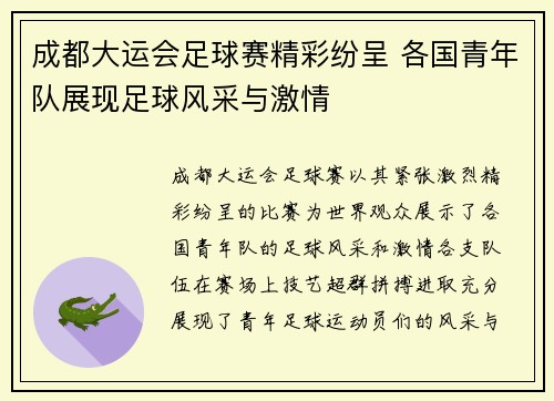 成都大运会足球赛精彩纷呈 各国青年队展现足球风采与激情