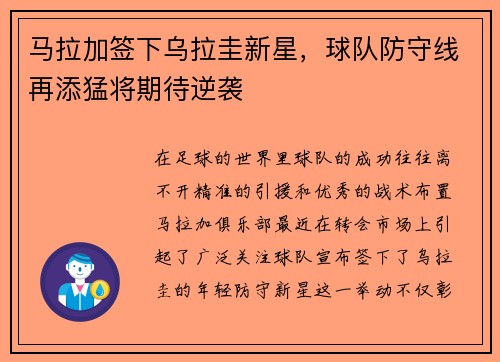 马拉加签下乌拉圭新星，球队防守线再添猛将期待逆袭