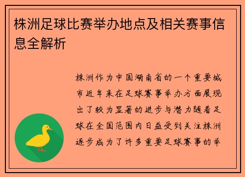 株洲足球比赛举办地点及相关赛事信息全解析