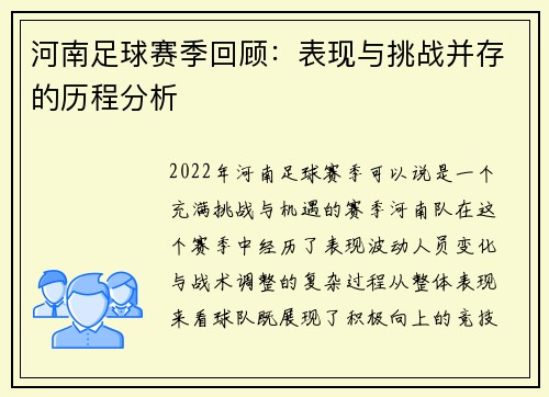 河南足球赛季回顾：表现与挑战并存的历程分析