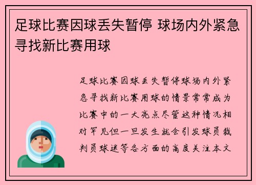 足球比赛因球丢失暂停 球场内外紧急寻找新比赛用球