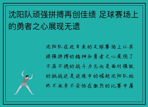 沈阳队顽强拼搏再创佳绩 足球赛场上的勇者之心展现无遗