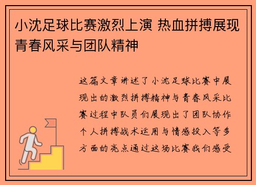 小沈足球比赛激烈上演 热血拼搏展现青春风采与团队精神