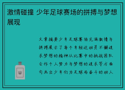 激情碰撞 少年足球赛场的拼搏与梦想展现