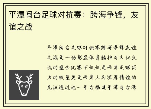 平潭闽台足球对抗赛：跨海争锋，友谊之战