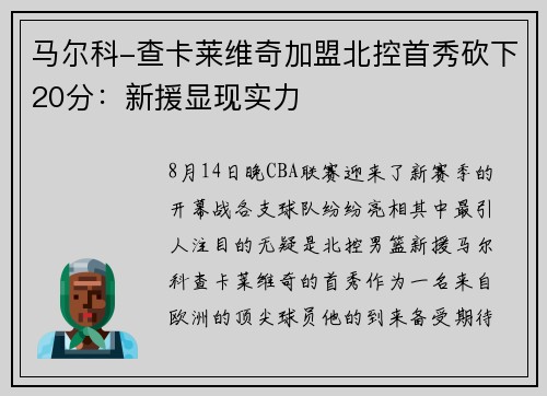 马尔科-查卡莱维奇加盟北控首秀砍下20分：新援显现实力