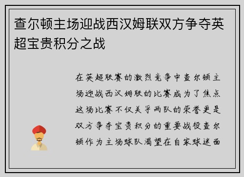查尔顿主场迎战西汉姆联双方争夺英超宝贵积分之战