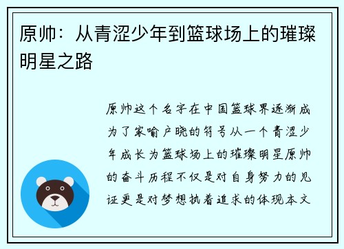 原帅：从青涩少年到篮球场上的璀璨明星之路