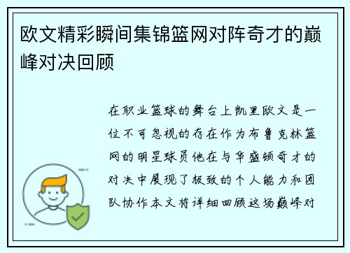 欧文精彩瞬间集锦篮网对阵奇才的巅峰对决回顾
